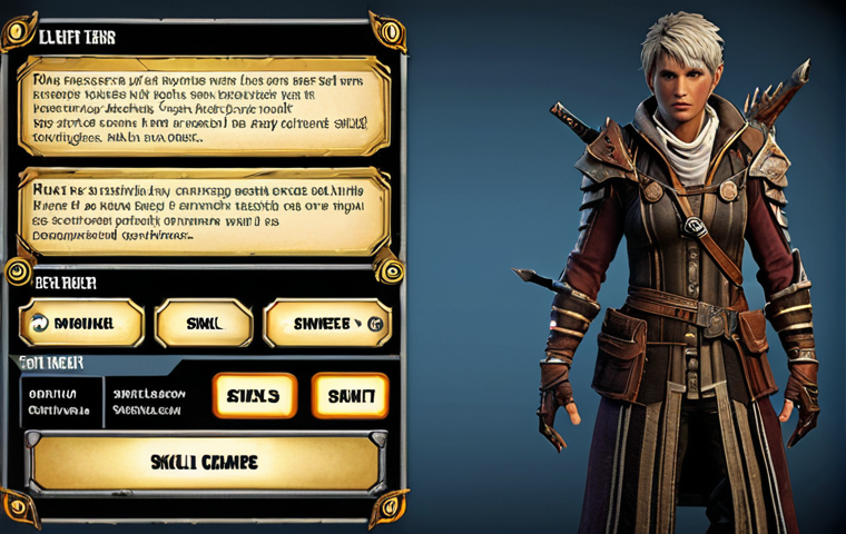 **
A character from Eternal Return strategically leveling up their skills, with emphasis on the skill tree UI. Show the character deep in thought, considering the best skill progression path to maximize damage and survivability. The background subtly displays the game's environment.
**