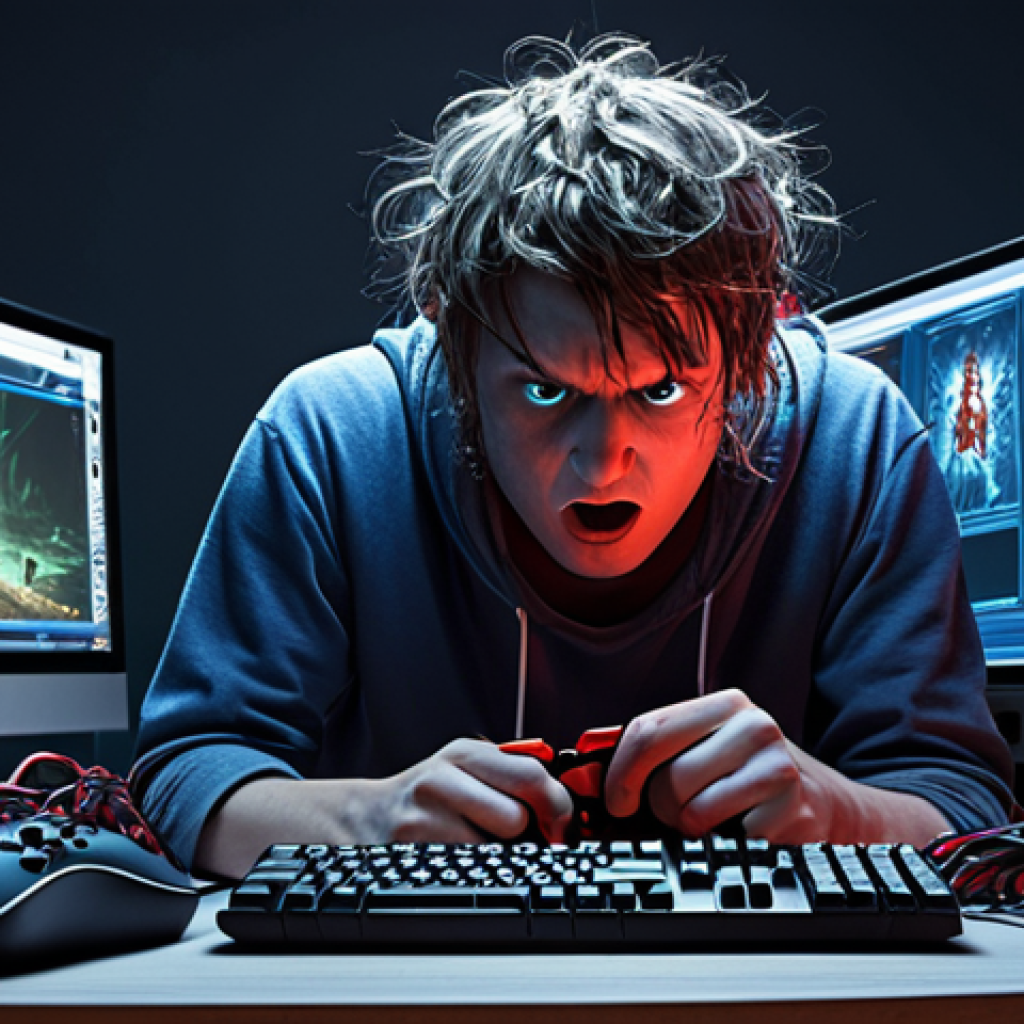 **

A frustrated gamer sitting in front of their PC, surrounded by tangled network cables and a flashing router. In the background, the Eternal Return loading screen is stuck. The image should convey frustration and a sense of technical difficulty. The color palette should be a mix of cool blues and greys, with a single, stressed splash of red. Focus on the equipment and the gamer's expression of annoyance.

**