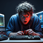 **

A frustrated gamer sitting in front of their PC, surrounded by tangled network cables and a flashing router. In the background, the Eternal Return loading screen is stuck. The image should convey frustration and a sense of technical difficulty. The color palette should be a mix of cool blues and greys, with a single, stressed splash of red. Focus on the equipment and the gamer's expression of annoyance.

**