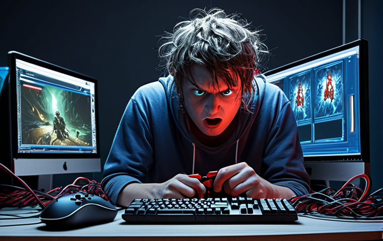 **
A frustrated gamer sitting in front of their PC, surrounded by tangled network cables and a flashing router. In the background, the Eternal Return loading screen is stuck. The image should convey frustration and a sense of technical difficulty. The color palette should be a mix of cool blues and greys, with a single, stressed splash of red. Focus on the equipment and the gamer's expression of annoyance.
**