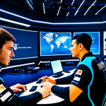 A diverse group of professional esports players, fully clothed in modest, sleek team jerseys, intensely focused on their high-tech gaming setups within a brightly lit, futuristic esports arena. Large, dynamic screens in the background display abstract game analytics and interconnected global network lines, symbolizing intense international competition and strategic depth. The atmosphere conveys peak performance and professional intensity. safe for work, appropriate content, fully clothed, professional, perfect anatomy, correct proportions, natural pose, well-formed hands, proper finger count, natural body proportions, professional photography, high quality, cinematic lighting.