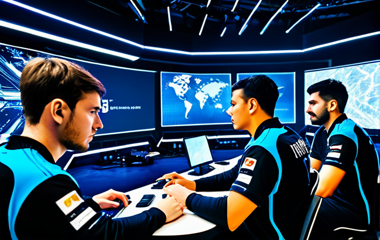 A diverse group of professional esports players, fully clothed in modest, sleek team jerseys, intensely focused on their high-tech gaming setups within a brightly lit, futuristic esports arena. Large, dynamic screens in the background display abstract game analytics and interconnected global network lines, symbolizing intense international competition and strategic depth. The atmosphere conveys peak performance and professional intensity. safe for work, appropriate content, fully clothed, professional, perfect anatomy, correct proportions, natural pose, well-formed hands, proper finger count, natural body proportions, professional photography, high quality, cinematic lighting.