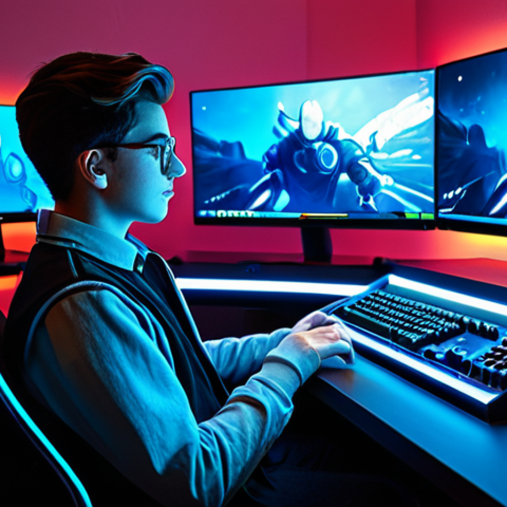 A focused young adult gamer, fully clothed in modest contemporary attire, sits at a sleek, high-tech gaming desk. Their expression is contemplative as they look at a large, brightly lit monitor displaying a vibrant, stylized in-game character customization interface with diverse, non-suggestive outfit options. The gaming room is modern and well-organized with subtle neon lighting. perfect anatomy, correct proportions, natural pose, well-formed hands, proper finger count, natural body proportions, professional photography, high quality, safe for work, appropriate content, fully clothed, modest, family-friendly.