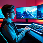 A focused young adult gamer, fully clothed in modest contemporary attire, sits at a sleek, high-tech gaming desk. Their expression is contemplative as they look at a large, brightly lit monitor displaying a vibrant, stylized in-game character customization interface with diverse, non-suggestive outfit options. The gaming room is modern and well-organized with subtle neon lighting. perfect anatomy, correct proportions, natural pose, well-formed hands, proper finger count, natural body proportions, professional photography, high quality, safe for work, appropriate content, fully clothed, modest, family-friendly.