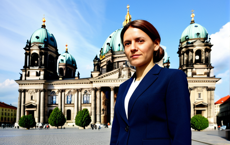 **
A professional businesswoman in a modest navy blue business suit, standing confidently in front of the Berliner Dom, fully clothed, appropriate attire, safe for work, perfect anatomy, natural proportions, professional corporate photography, high quality.
**