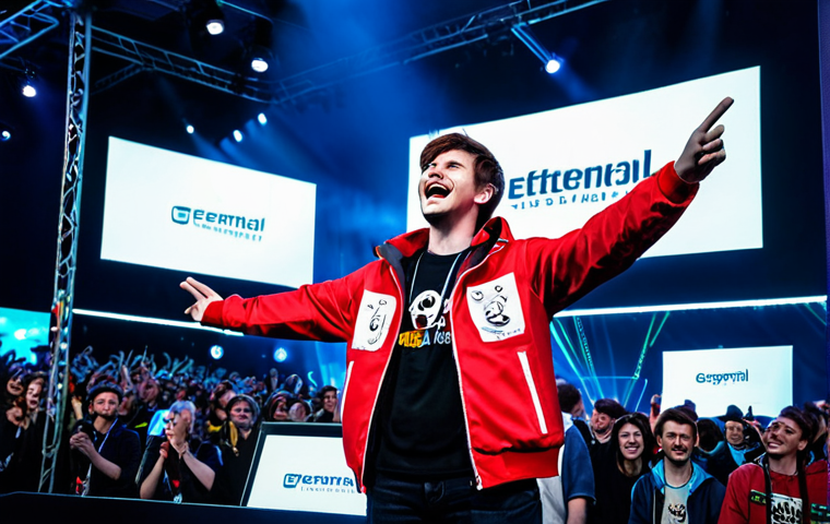Streamer Event in Berlin**

"A vibrant scene at a gaming convention in Berlin. Cosplayers dressed as Eternal Return characters interact with a popular German streamer on a brightly lit stage. The streamer is wearing a custom-designed Eternal Return jacket. The background shows a large screen displaying gameplay footage and the Eternal Return logo. Fans are holding signs and cheering. Capture the excitement and energy of a live event. safe for work, appropriate content, fully clothed, professional, perfect anatomy, natural proportions, high quality, dynamic composition."

**