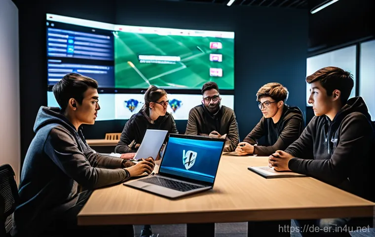 이터널리턴 토너먼트 우승 팁 - **Prompt 2: Synchronized Strategy** "A diverse team of four Eternal Return esports players, two ...