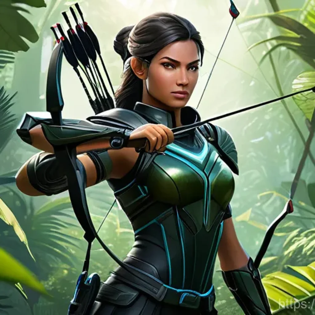 이터널리턴 신규 시즌 캐릭터 비교 - "A dynamic, highly detailed full-body illustration of Nadine, the archer from Eternal Return, in a d...