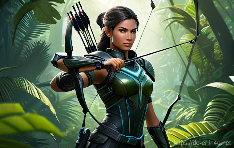 이터널리턴 신규 시즌 캐릭터 비교 - "A dynamic, highly detailed full-body illustration of Nadine, the archer from Eternal Return, in a d...