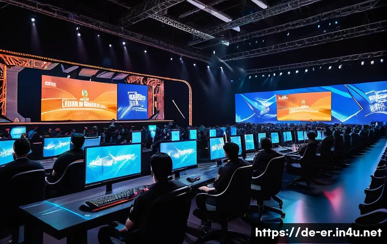 이터널리턴 글로벌 트렌드 비교 - A dynamic European esports tournament scene for Eternal Return, featuring a diverse group of adult p...