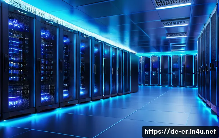 이터널리턴 글로벌 서버 정보 - A high-tech server room located in Frankfurt am Main, featuring rows of sleek server racks with glow...