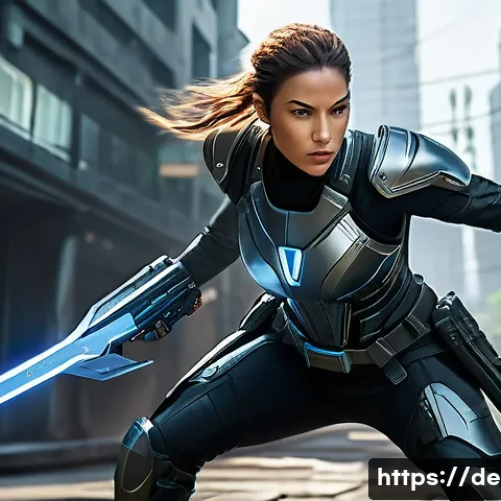 이터널리턴 새로운 기능 활용법 - A dynamic action scene in a futuristic battle arena featuring a skilled female warrior executing an ...