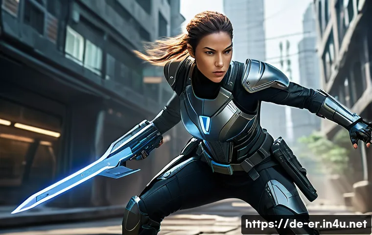 이터널리턴 새로운 기능 활용법 - A dynamic action scene in a futuristic battle arena featuring a skilled female warrior executing an ...