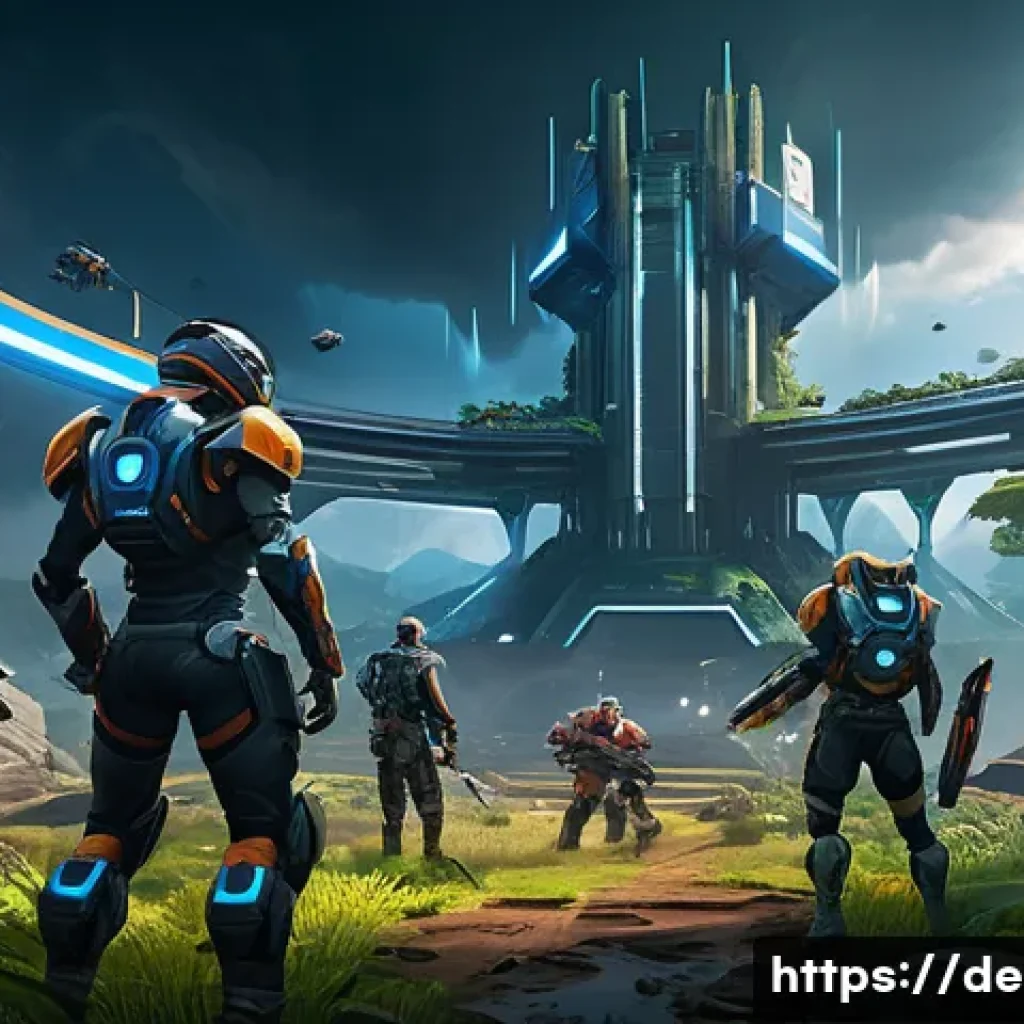 이터널리턴 게임의 문화적 영향 - A dynamic scene depicting a diverse team of gamers engaged in a cooperative battle within a futurist...