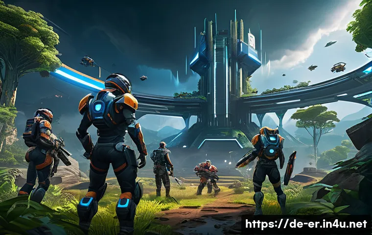 이터널리턴 게임의 문화적 영향 - A dynamic scene depicting a diverse team of gamers engaged in a cooperative battle within a futurist...