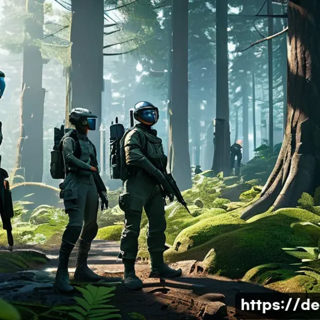 이터널리턴 고급자 플레이 전략 - A detailed scene of a strategic team in a dense, futuristic forest environment from a battle royale ...