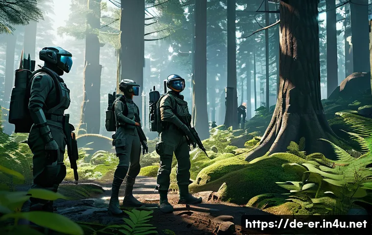 이터널리턴 고급자 플레이 전략 - A detailed scene of a strategic team in a dense, futuristic forest environment from a battle royale ...