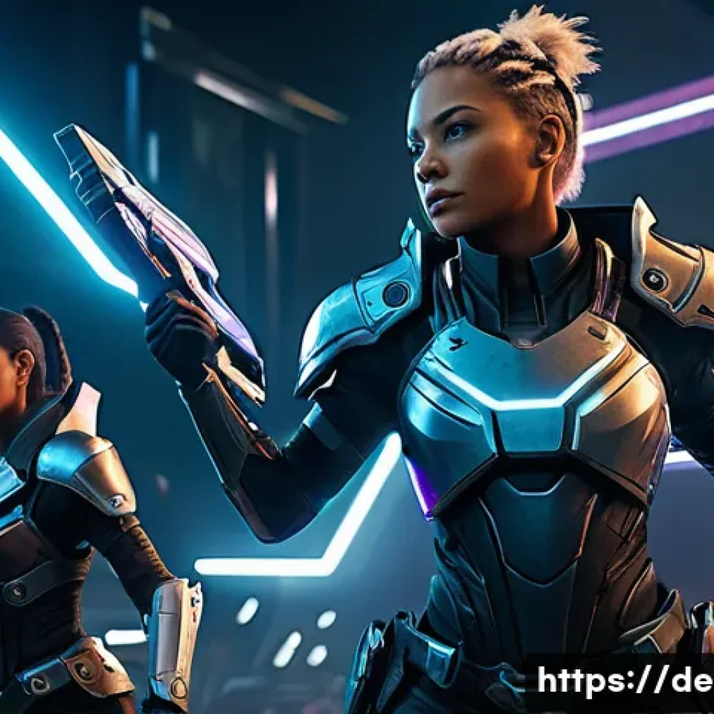 이터널리턴 글로벌 패치 트렌드 - A dynamic team battle scene in a futuristic arena inspired by Eternal Return, featuring a newly intr...