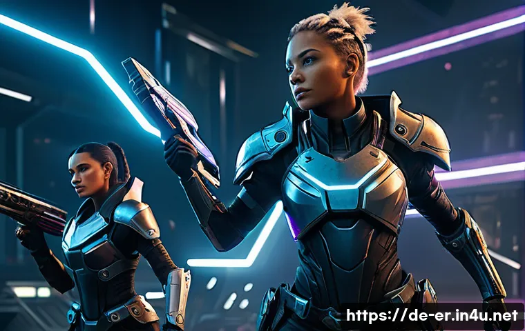이터널리턴 글로벌 패치 트렌드 - A dynamic team battle scene in a futuristic arena inspired by Eternal Return, featuring a newly intr...
