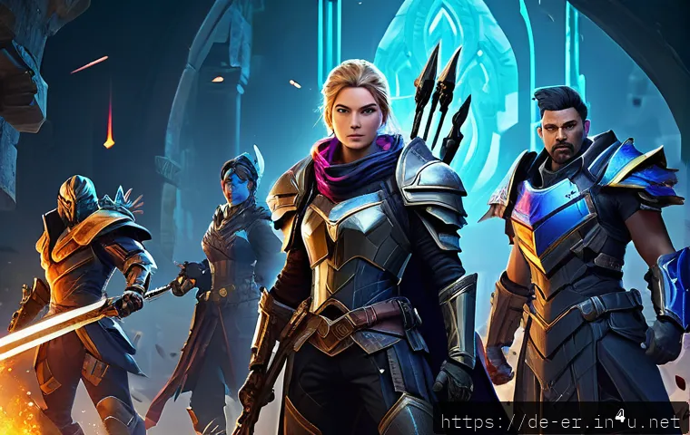 이터널리턴 신규 캐릭터 밸런스 - A dynamic team of fantasy game heroes in a vibrant battlefield setting, featuring a swift support ch...