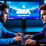이터널리턴 리그 최강 팀 분석 - A dynamic esports team scene featuring five diverse professional gamers in a modern gaming arena, ea...