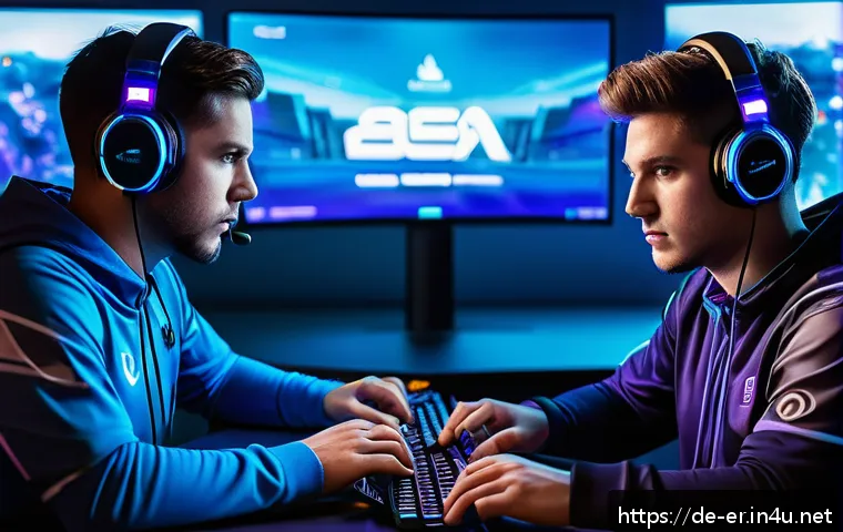이터널리턴 리그 최강 팀 분석 - A dynamic esports team scene featuring five diverse professional gamers in a modern gaming arena, ea...