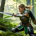 이터널리턴 최고의 장비 조합 - A dynamic early-game battle scene in a vibrant forest clearing, featuring a nimble female warrior cl...