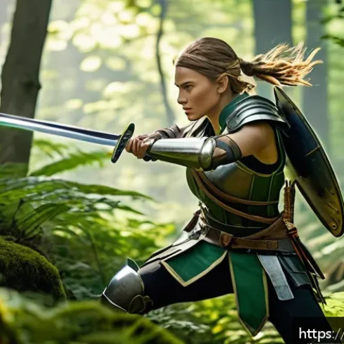 이터널리턴 최고의 장비 조합 - A dynamic early-game battle scene in a vibrant forest clearing, featuring a nimble female warrior cl...