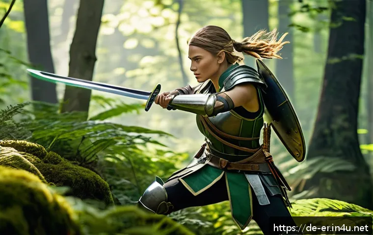 이터널리턴 최고의 장비 조합 - A dynamic early-game battle scene in a vibrant forest clearing, featuring a nimble female warrior cl...