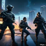 이터널리턴 플레이 보상 계산법 - A dynamic team battle scene from a futuristic battle royale game set in a detailed urban environment...