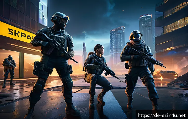 이터널리턴 플레이 보상 계산법 - A dynamic team battle scene from a futuristic battle royale game set in a detailed urban environment...