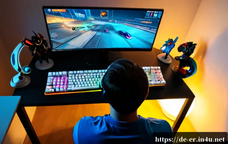 Home 17 이터널리턴 캐릭터 메타 분석 - Photorealistic overhead view of a focused German esports player at a clean modern desk, comparing th...