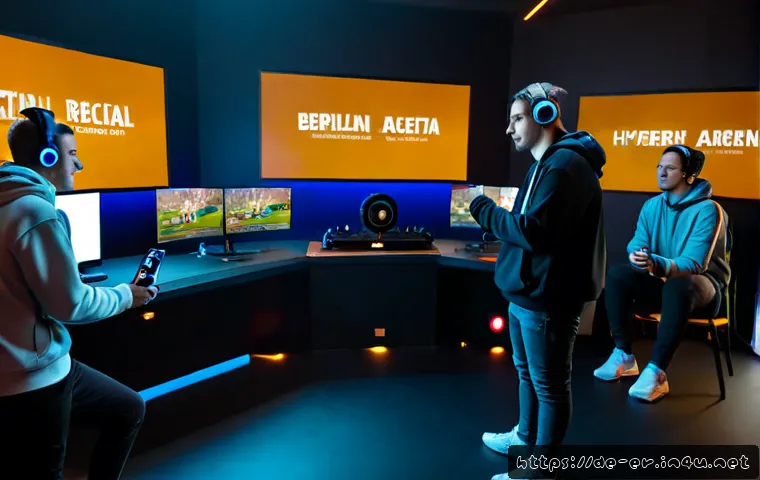 이터널리턴 팀 조합의 장점 - Photorealistic esports team strategy session in a modern Berlin gaming lounge, four diverse young ad...
