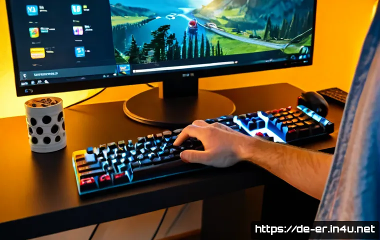 이터널리턴 유료 콘텐츠 활용 - Photorealistic over-the-shoulder view of a German adult gamer at a tidy modern home desk, using a ga...