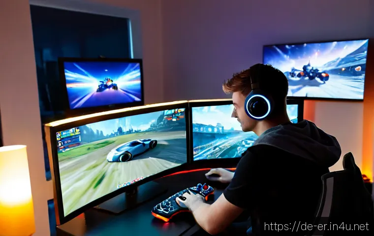 이터널리턴 리마스터 정보 - Photorealistic home gaming setup in a modern Berlin apartment, focused on a German adult gamer compa...