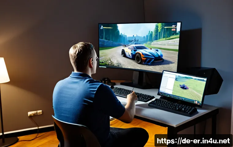Home 17 이터널리턴 패치 전후 비교 - Photorealistic gaming comparison scene, a German home office desk with a widescreen monitor showing ...